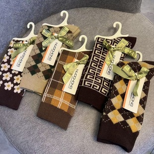 双针双路袜子女高筒袜秋冬复古菱格纹百搭堆堆袜学院风ins潮百搭