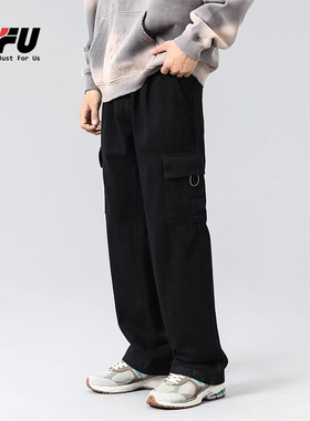 JFU 美式复古工装牛仔裤男黑色长裤子男款宽松直筒多口袋阔腿百搭
