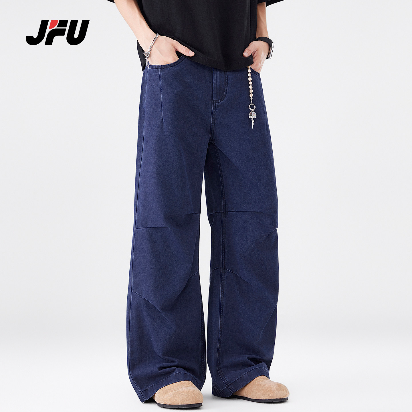 JFU潮牌 春夏季美式复古阔腿工装牛仔裤男宽松直筒垂感休闲长裤