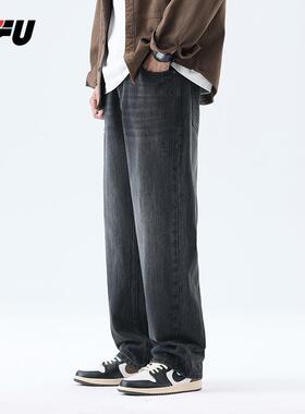 JFU秋季美式复古黑色做旧直筒牛仔裤男潮牌宽松休闲阔腿长裤子