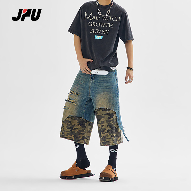 JFU夏季新款美式复古迷彩拼接假两件牛仔短裤男款宽松阔腿七分裤