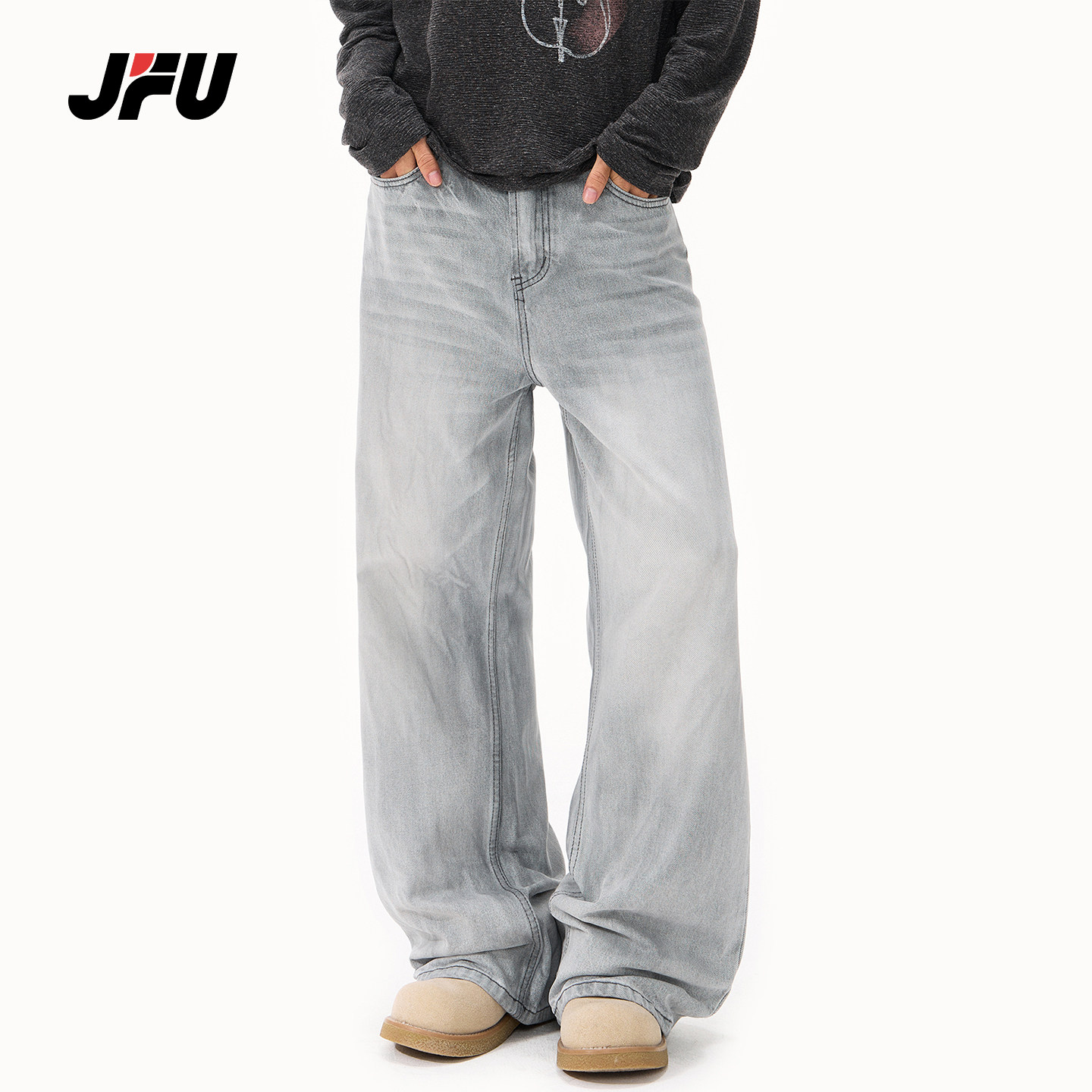 JFU潮牌复古做旧阔腿牛仔裤男