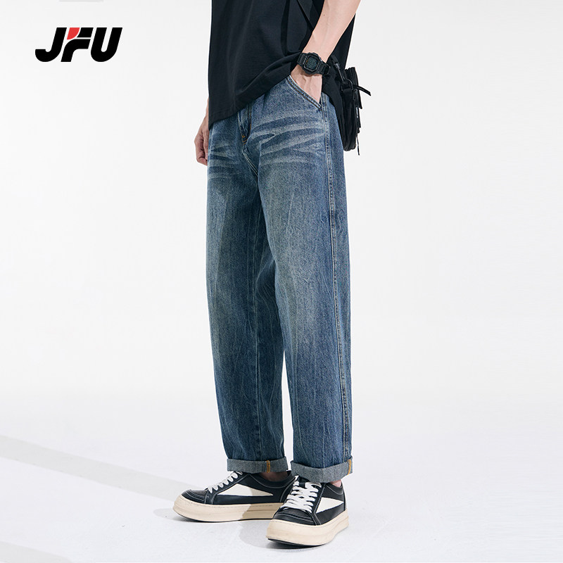 JFU春季新款美式复古水洗牛仔男款宽松阔腿直筒痞帅休闲长裤子