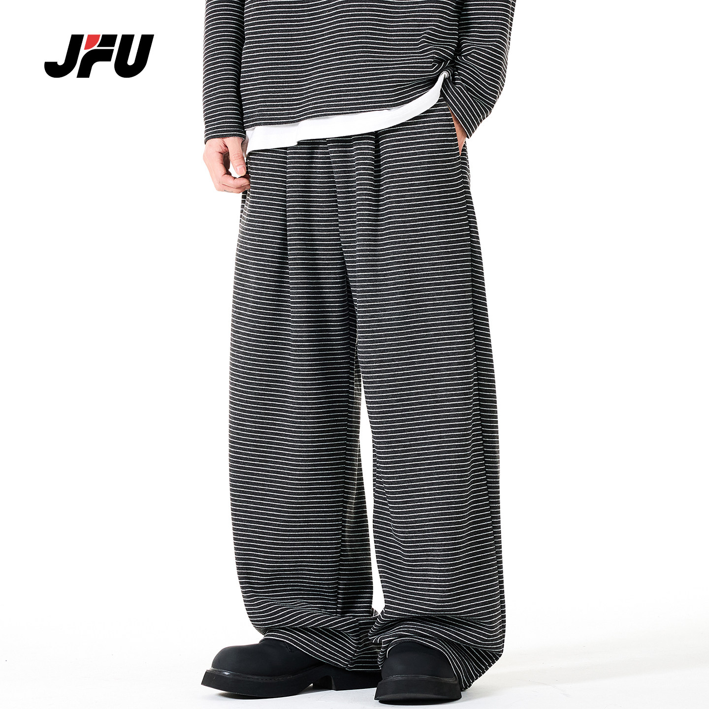 JFU潮牌 2026春季复古条纹风阔腿裤男宽松慵懒风拖地垂感休闲裤