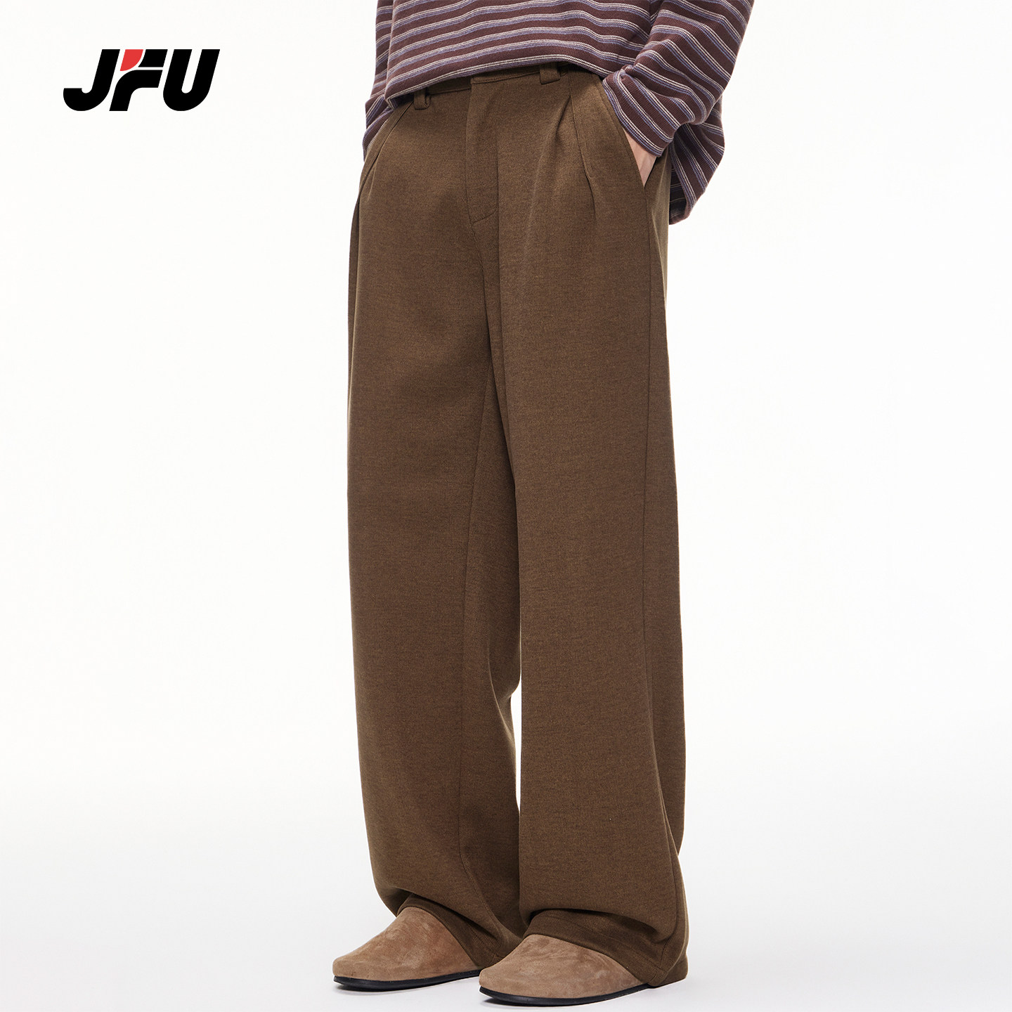 JFU潮牌 秋冬新款美拉德羊毛休闲长裤男宽松直筒老钱风阔腿西裤