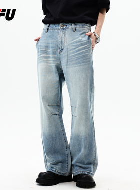 JFU潮牌 春季美式复古水洗猫须牛仔裤男直筒阔腿高级感做旧长裤子
