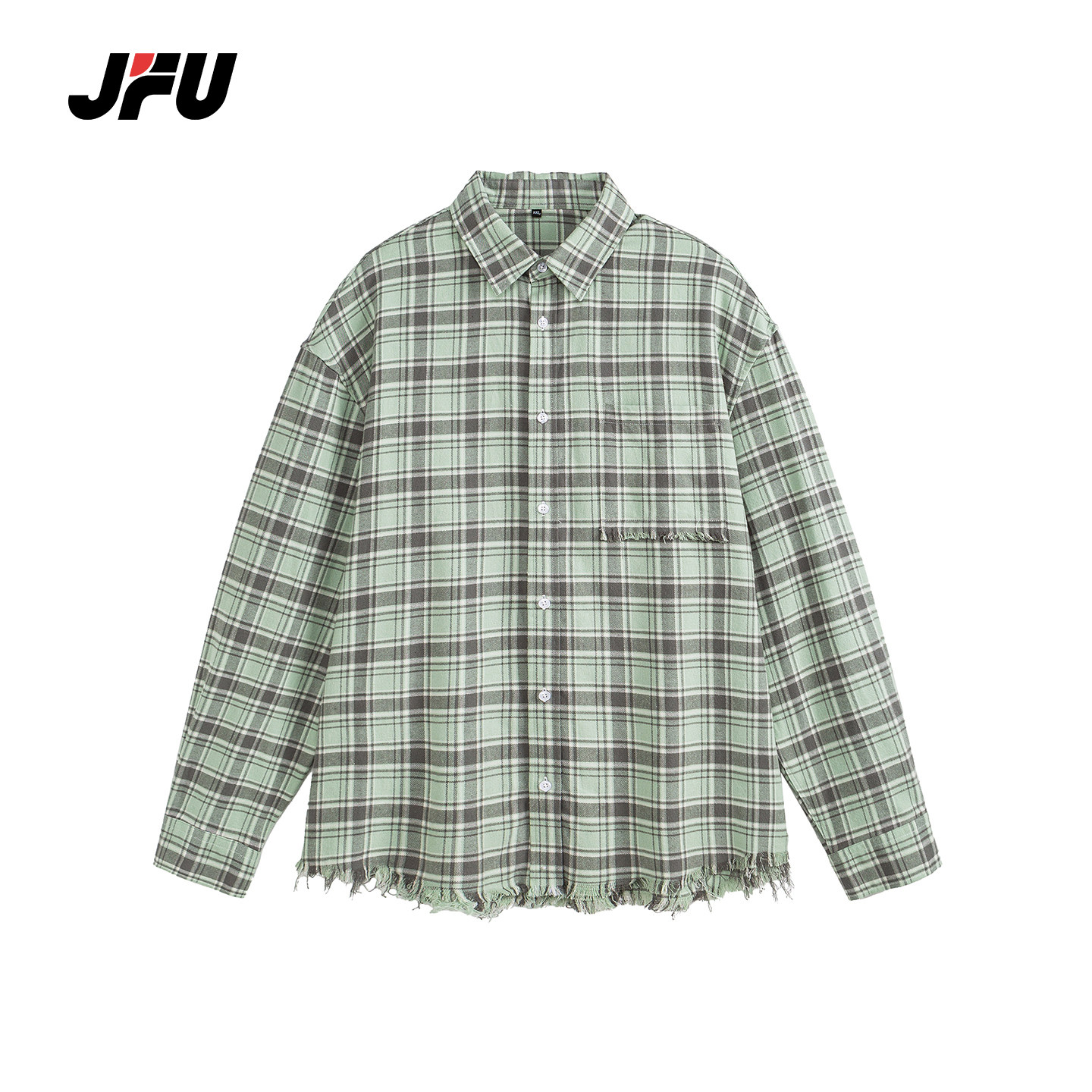 JFU夏季新款美式复古格子休闲长袖衬衫男款宽松百搭流苏外套上衣