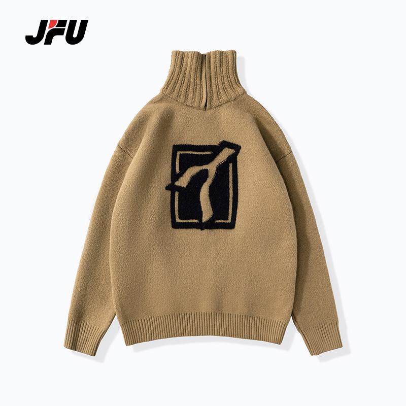 JFU秋冬美式加厚保暖半高领套头毛衣男长袖半拉链宽松针织打底衫