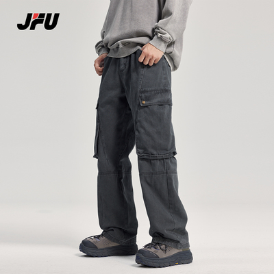 JFU重磅水洗做旧美式复古秋冬休闲裤大口袋潮牌阔腿工装裤男