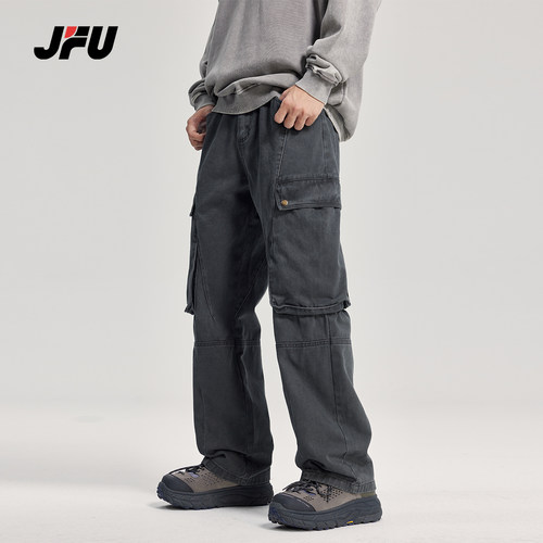 JFU重磅水洗做旧美式复古秋冬休闲裤大口袋潮牌阔腿工装裤男
