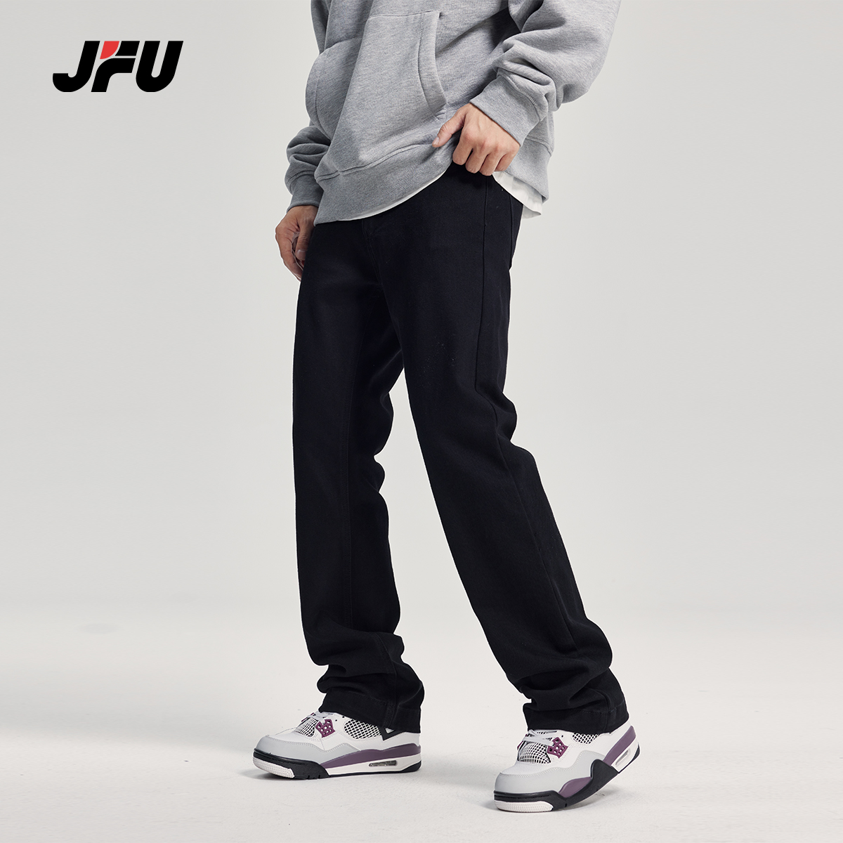 JFU春秋美式通勤黑色牛仔裤男高街宽松百搭弹力休闲显瘦直筒长裤
