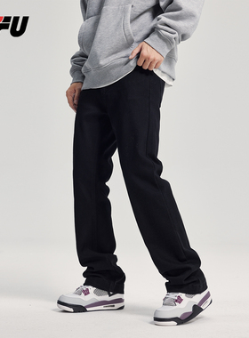 JFU春秋美式通勤黑色牛仔裤男高街宽松百搭弹力休闲显瘦直筒长裤