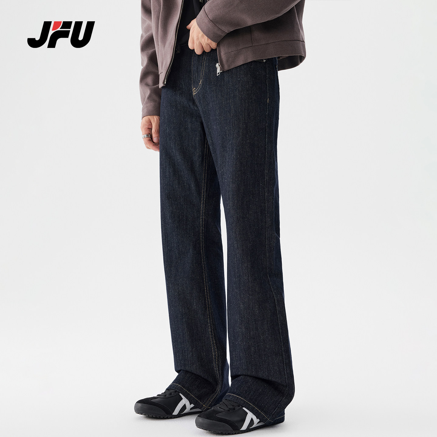 JFU潮牌 秋冬季美式复古直筒微喇牛仔裤男款修身显瘦休闲长裤子