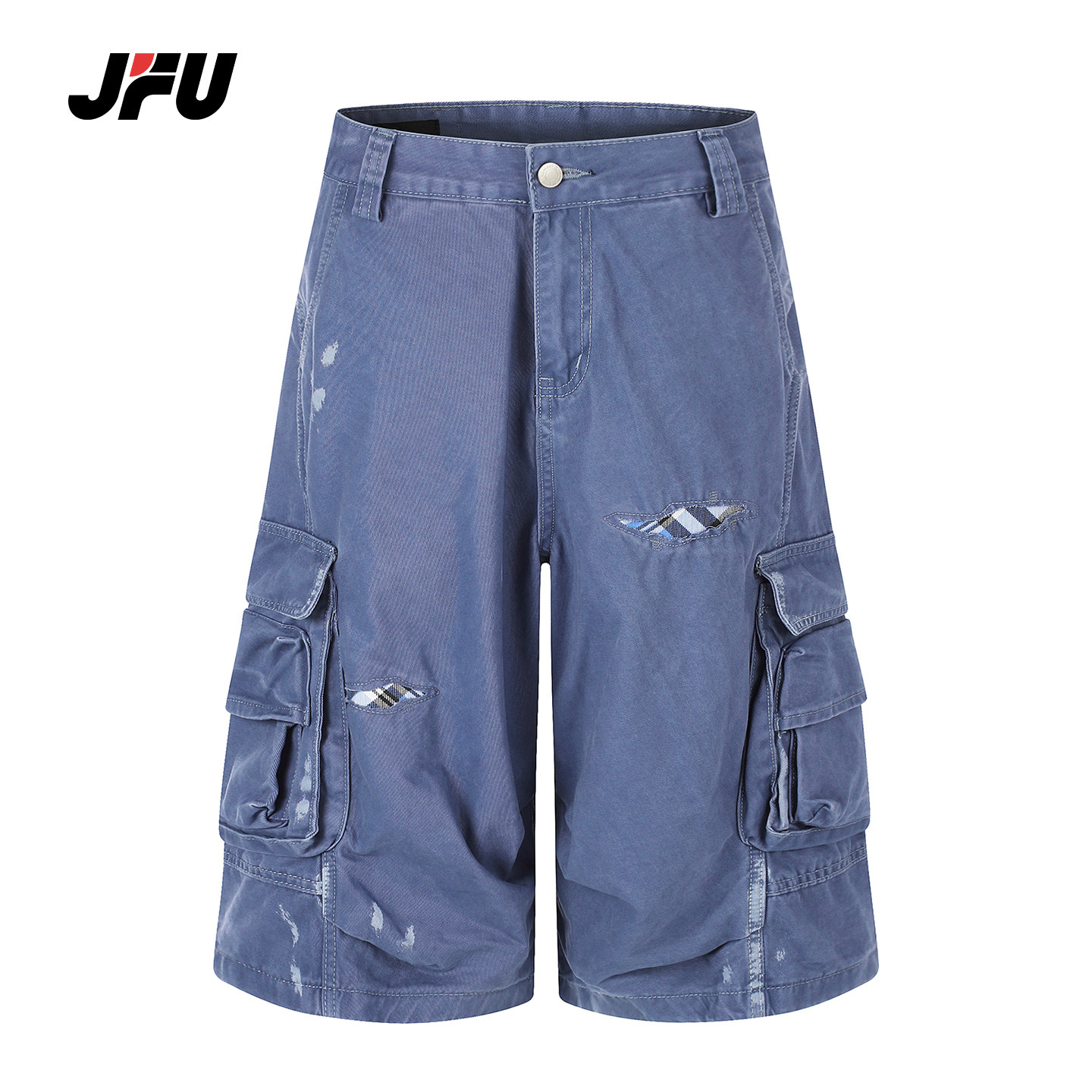 JFU潮牌破洞多袋工装七分裤男