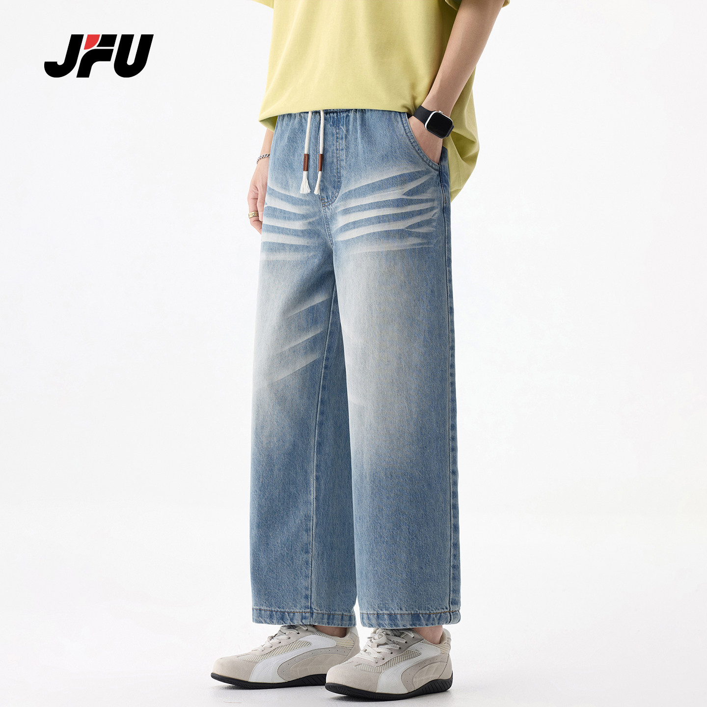 JFU潮牌 夏季美式复古街头水洗猫须九分牛仔裤男宽松直筒休闲长裤