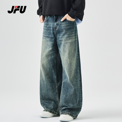 JFU潮牌 秋冬新款复古水洗做旧宽松阔腿牛仔裤男款直筒休闲长裤