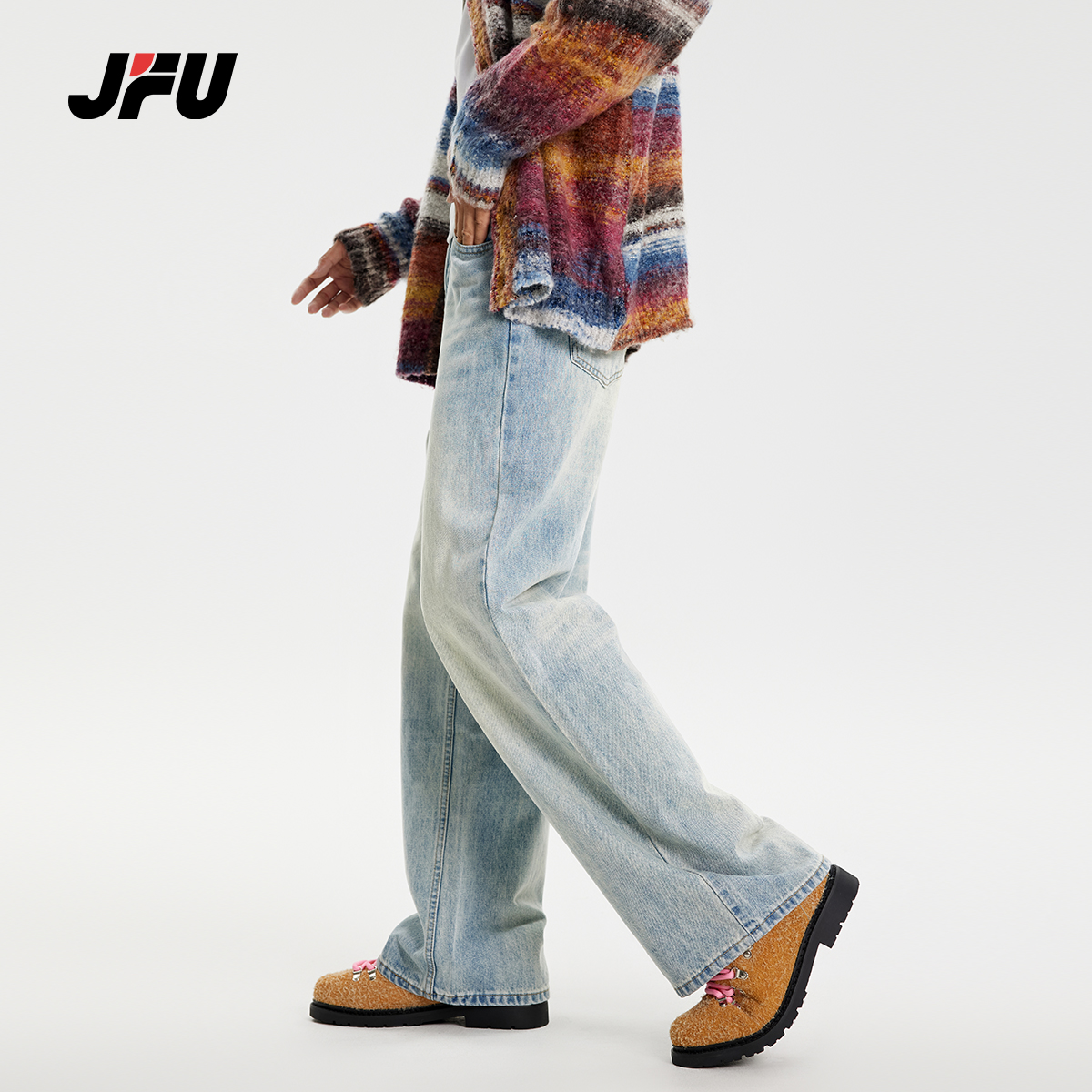 JFU2025春夏季美式高街复古宽松直筒牛仔裤男潮牌ins百搭阔腿长裤