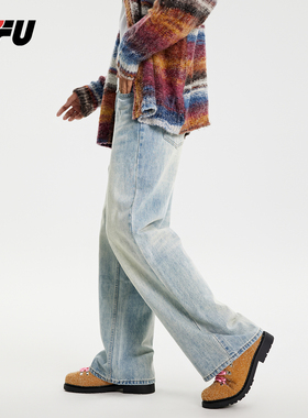 JFU2025秋冬季美式高街复古宽松直筒牛仔裤男潮牌ins百搭阔腿长裤