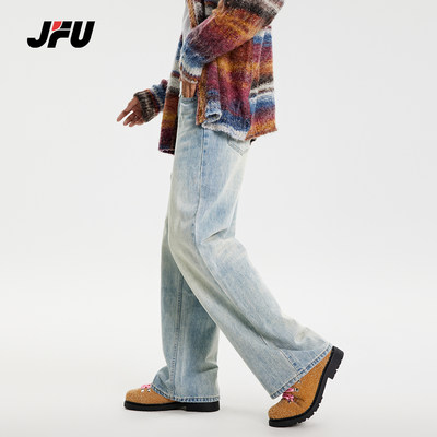 JFU潮牌 春秋美式高街复古宽松直筒牛仔裤男潮牌ins百搭阔腿长裤