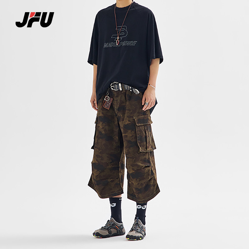 JFU夏季新款美式复古迷彩工装休闲短裤男款宽松阔腿垂感七分裤