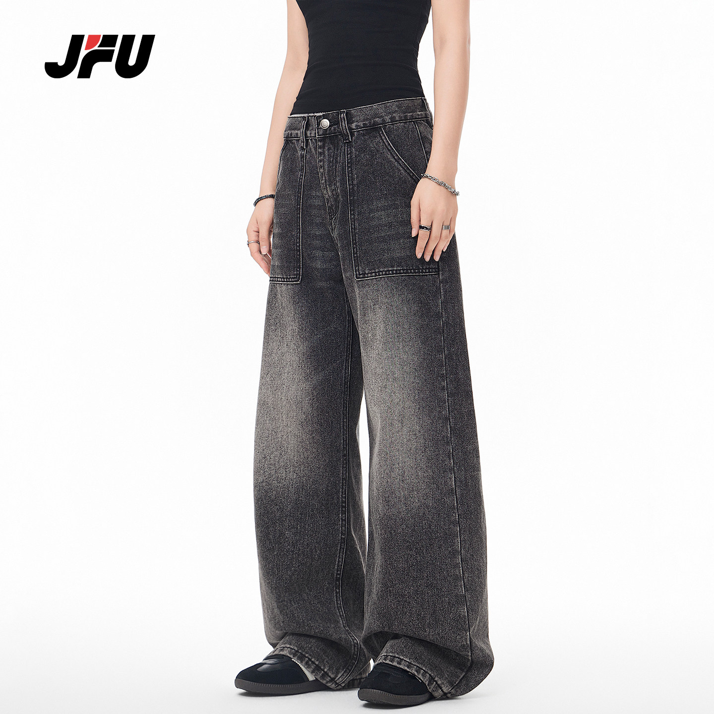 JFU潮牌 春季美式复古高腰宽松阔腿牛仔裤男做旧水洗直筒休闲长裤