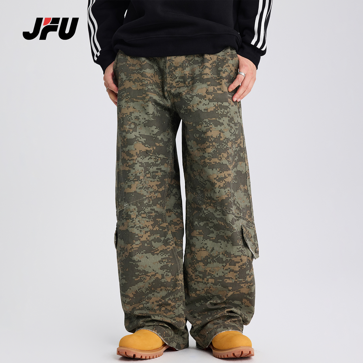 JFU潮牌 秋季新款美式复古迷彩休闲工装裤男款宽松直筒阔腿长裤子
