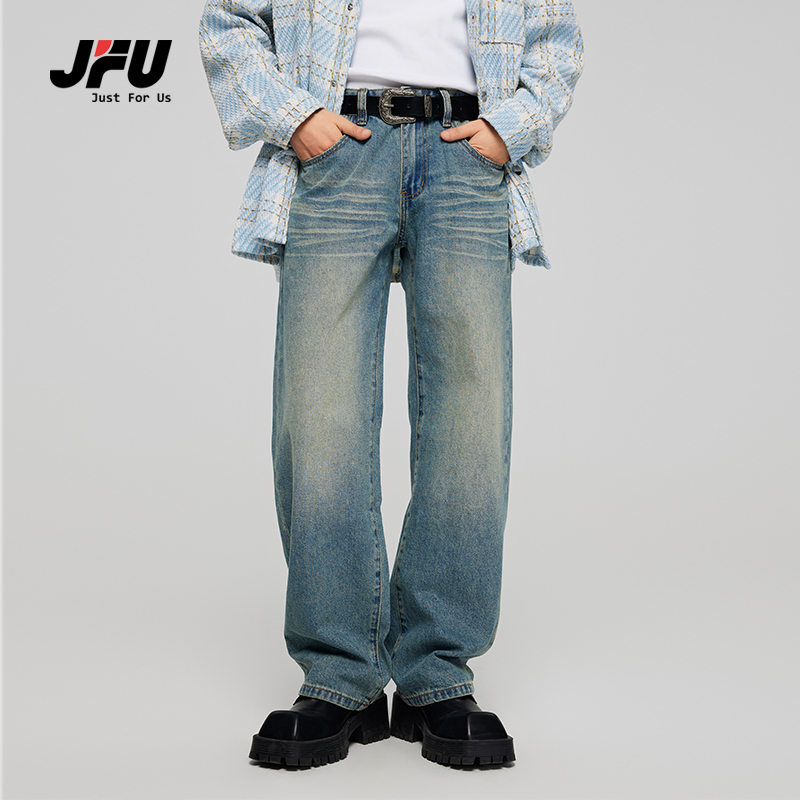 JFU 美式高街浅蓝色牛仔裤男秋冬新品宽松直筒潮牌阔腿长裤子男生
