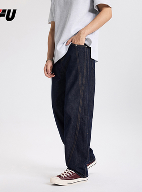 JFU夏季新款美式复古水洗做旧直筒牛仔裤男款宽松阔腿休闲长裤子