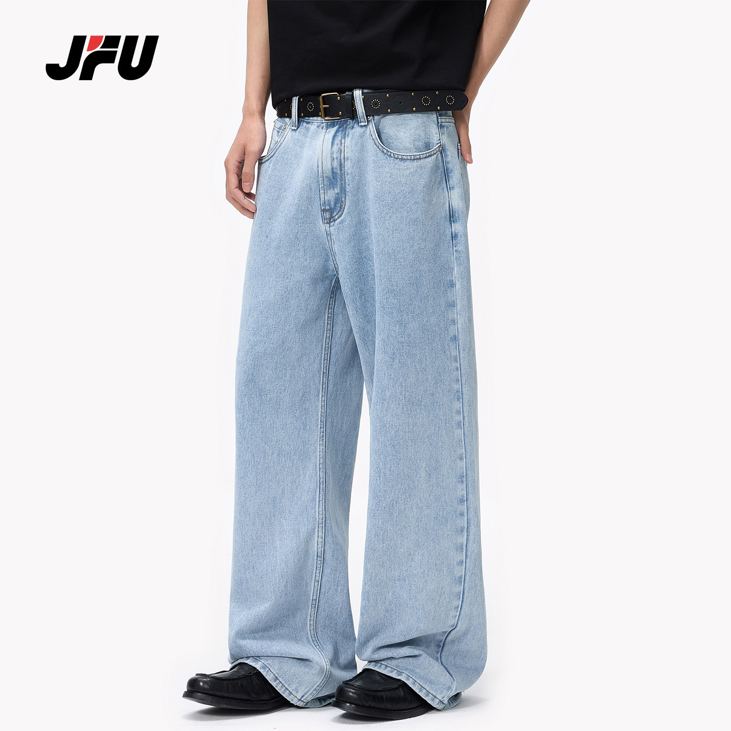 JFU潮牌 美式复古水洗直筒微喇牛仔裤男宽松阔腿显瘦百搭休闲长裤