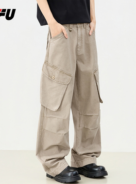 JFU潮牌 2026春季美式复古阔腿工装裤男宽松直筒垂感拖地休闲裤