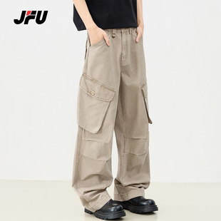 JFU潮牌 2026春季美式复古阔腿工装裤男宽松直筒垂感拖地休闲裤