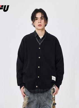 JFU秋冬季黑色V领开衫毛衣男2024新款保暖休闲宽松针织衫外套上衣