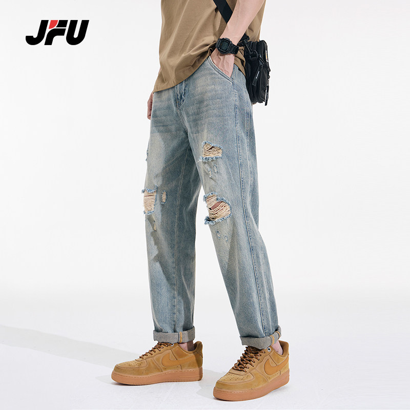 JFU夏季新款美式复古水洗破洞牛仔裤男款宽松锥形裤哈伦休闲长裤