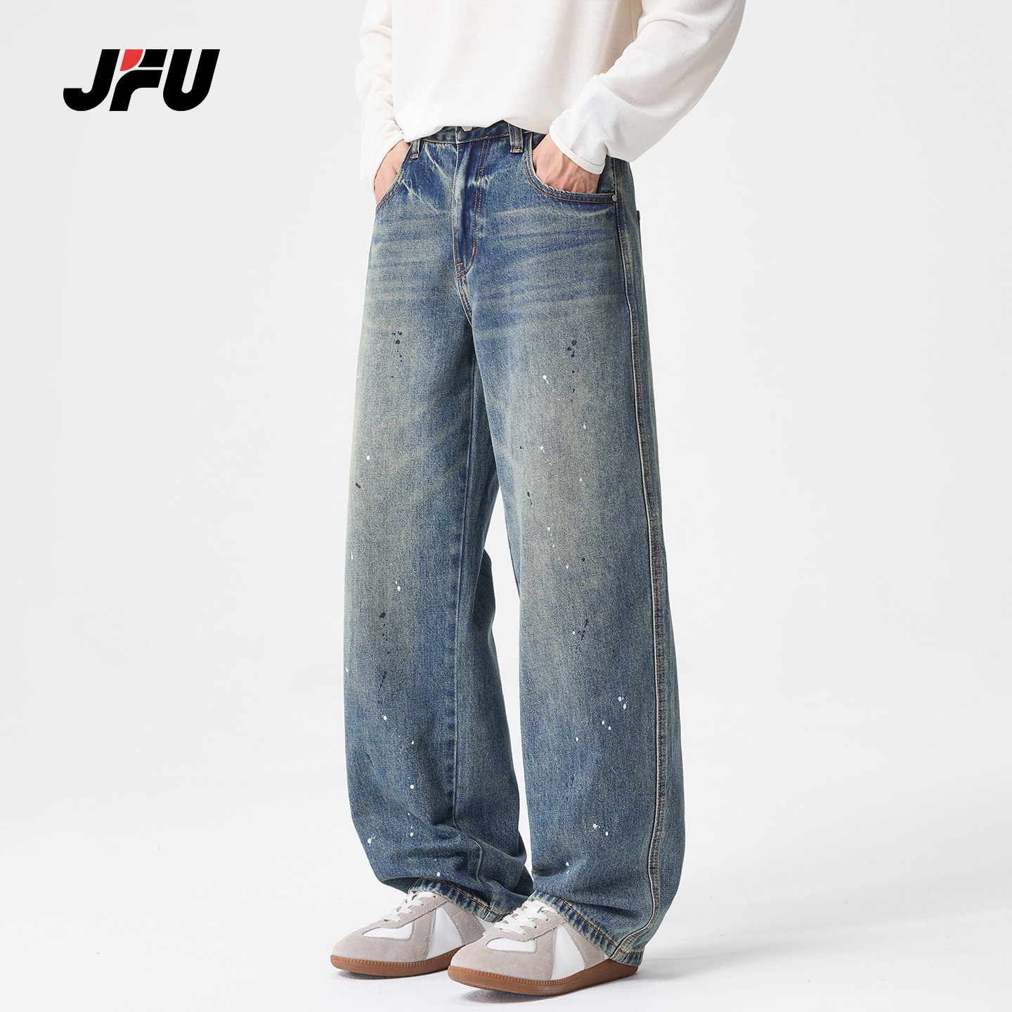 JFU潮牌复古泼墨宽松牛仔裤男图片