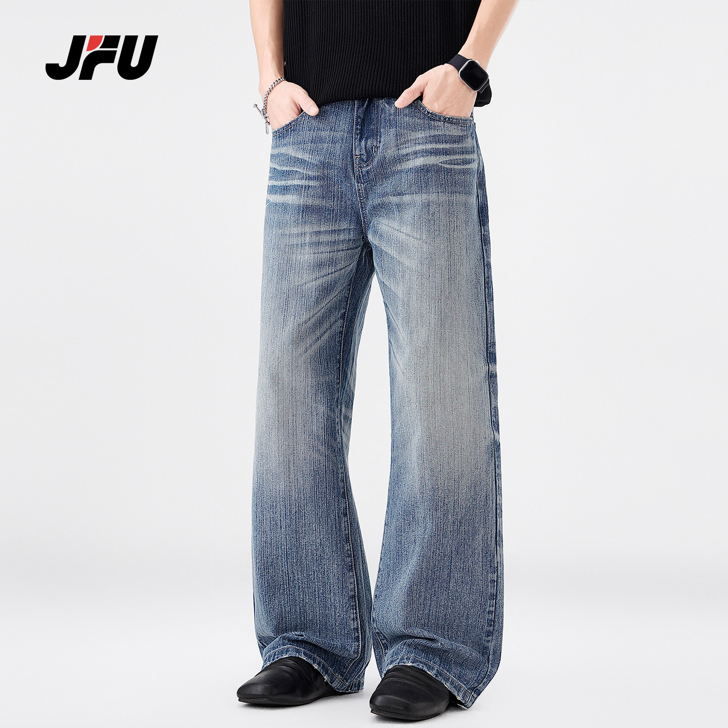 JFU潮牌 春夏美式复古水洗猫须直筒牛仔裤男宽松阔腿垂感休闲长裤