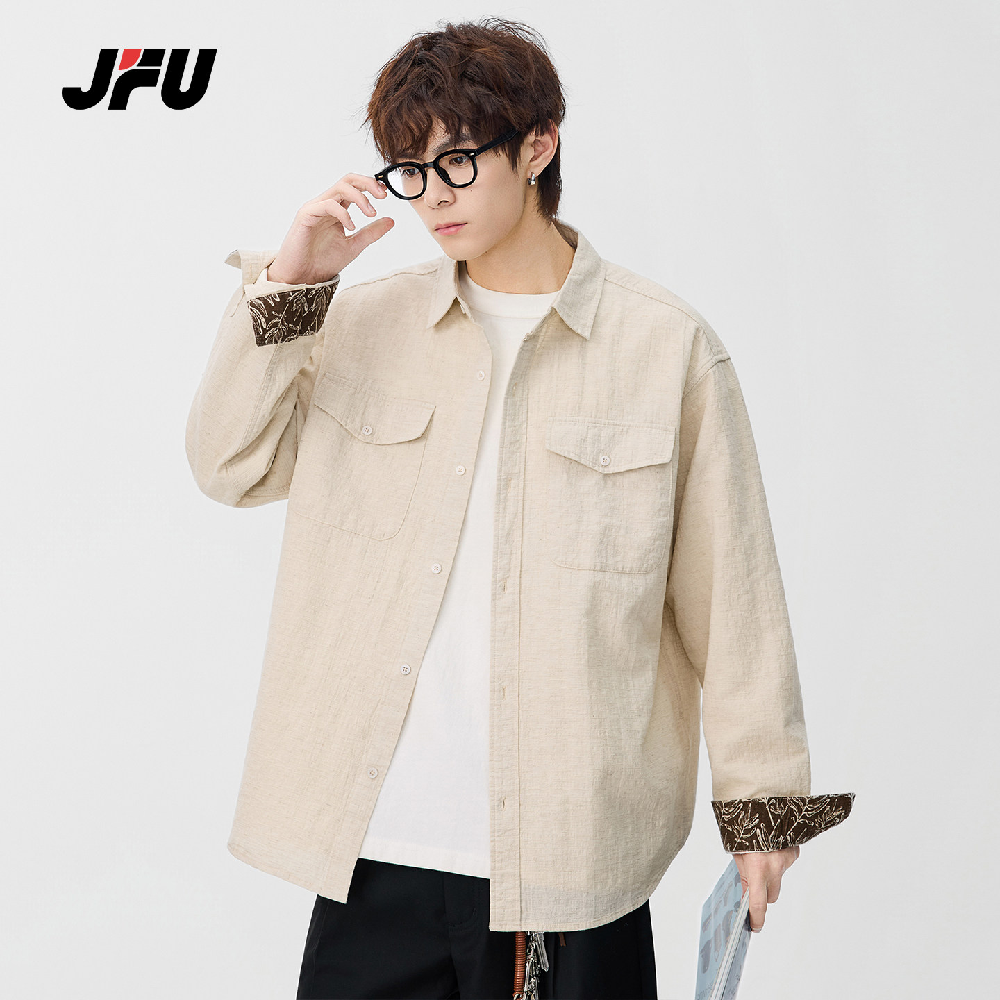 JFU潮牌美式复古翻领男长袖衬衫
