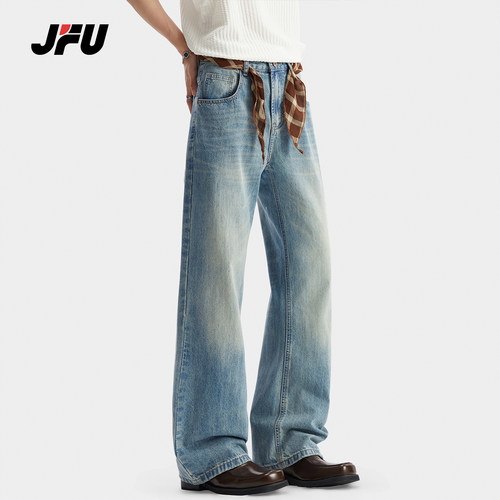 JFU潮牌美式复古做旧牛仔裤男