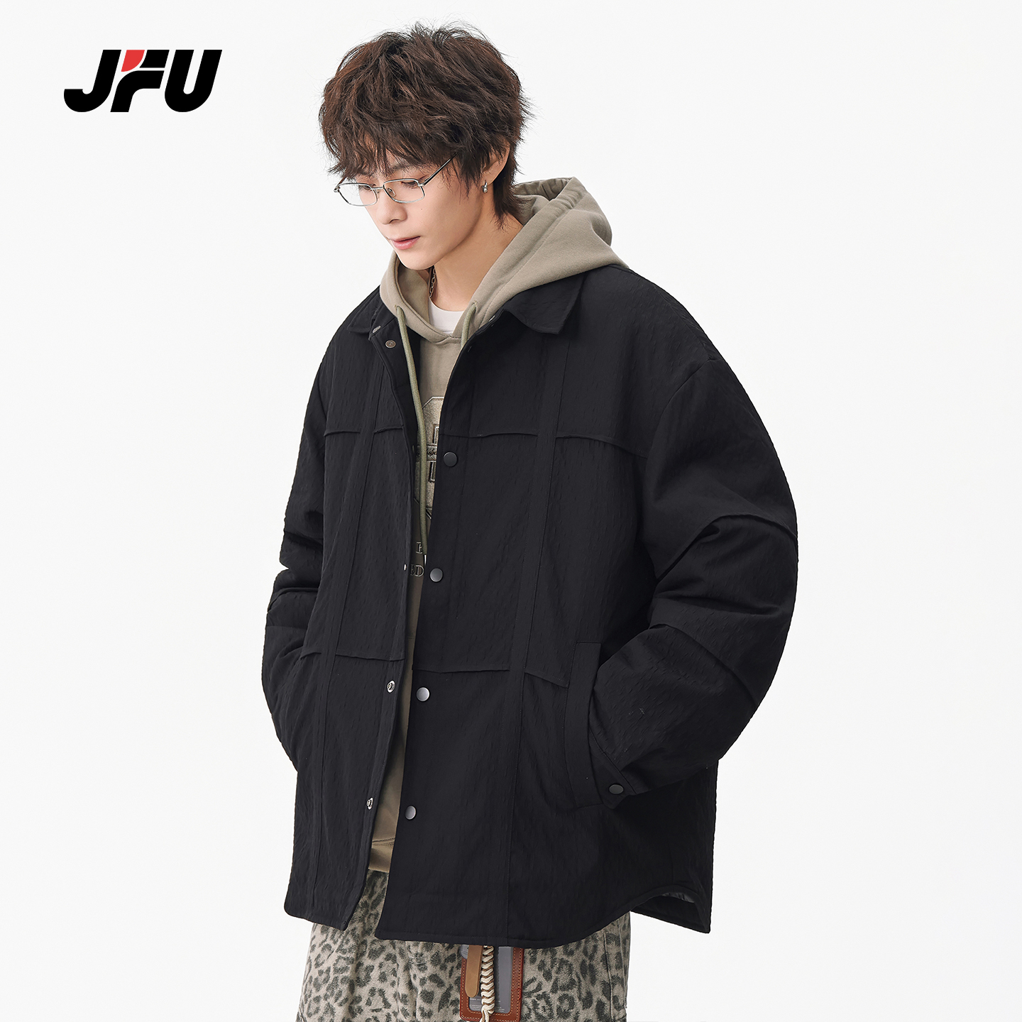 JFU潮牌工装风拼接立领羽绒服男
