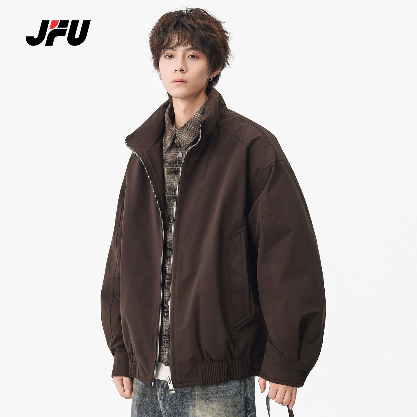 JFU潮牌假两件格纹羽绒服男