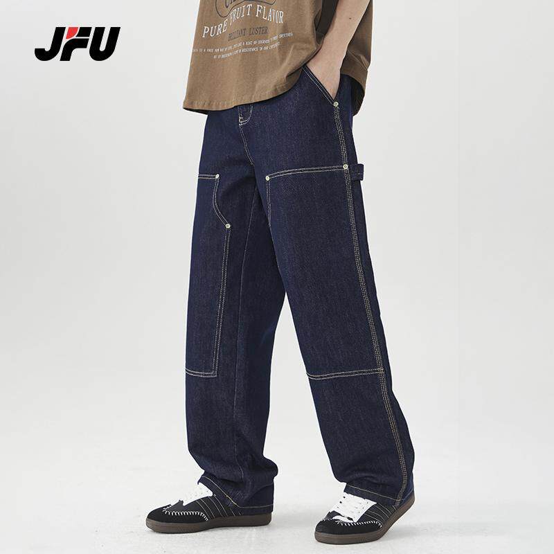 JFU美式复古拼接阔腿牛仔裤
