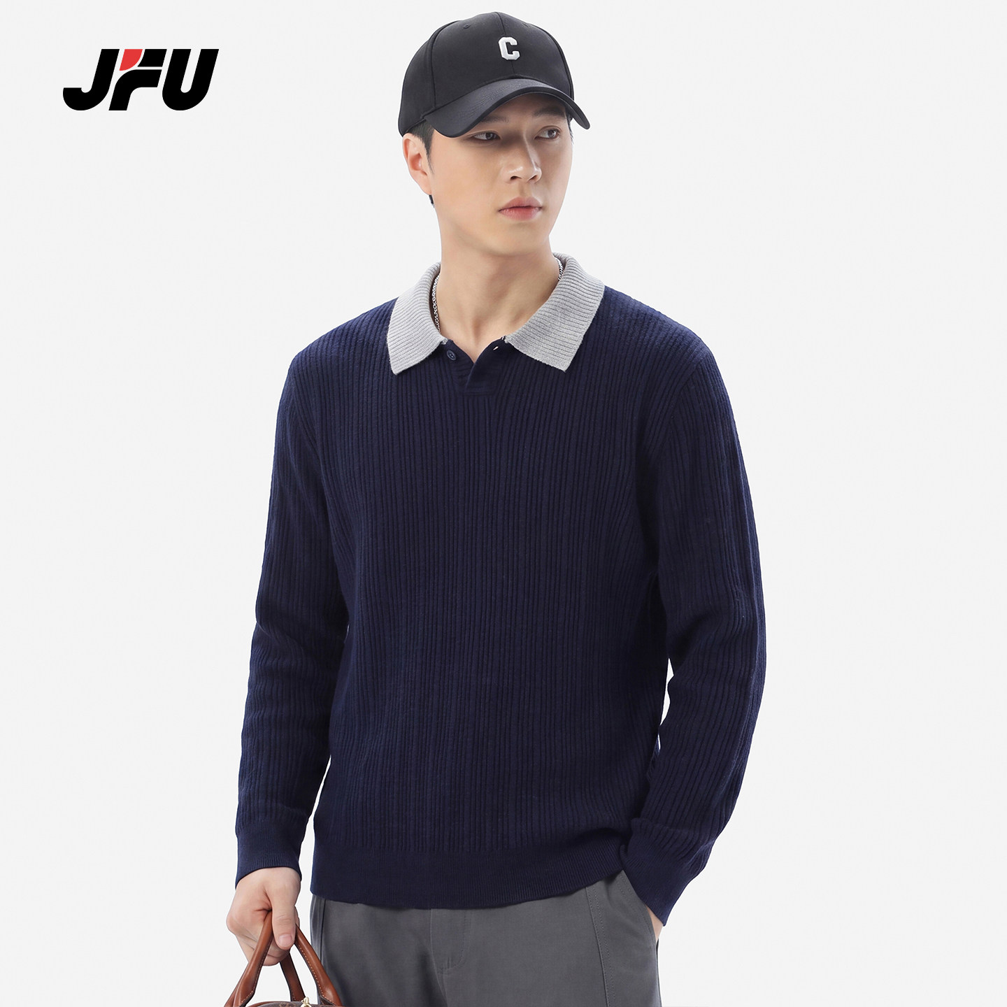 JFU潮牌老钱风拼色通勤针织衫男