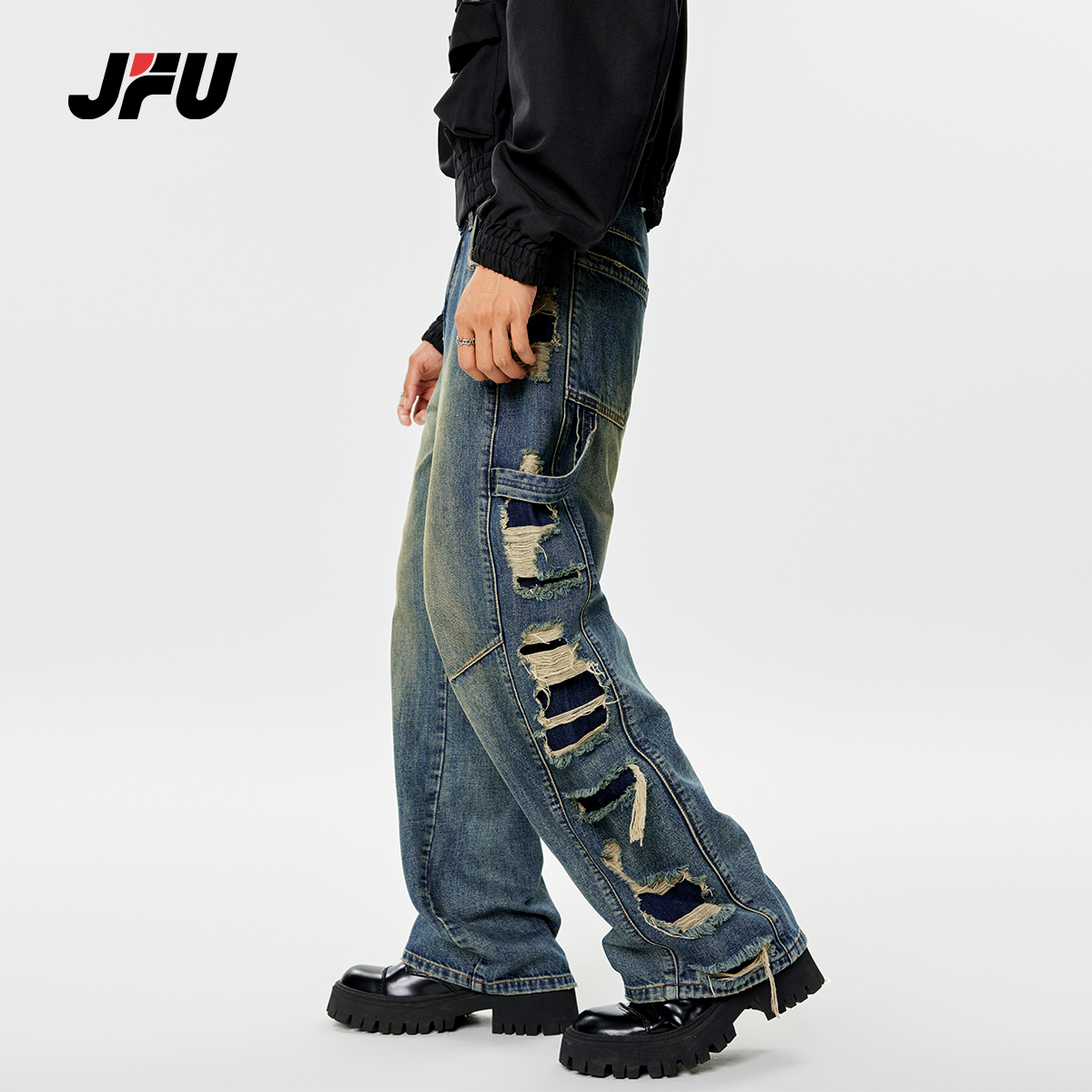 JFU美式复古做旧vintage宽松阔腿牛仔裤男破洞小众宽松直筒长裤子
