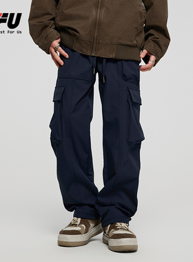 JFU 春秋美式高街工装裤子男款百搭抽绳长裤子男夏季休闲裤男