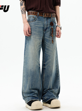 JFU潮牌 春季新款美式复古水洗猫须阔腿牛仔裤男宽松直筒长裤子