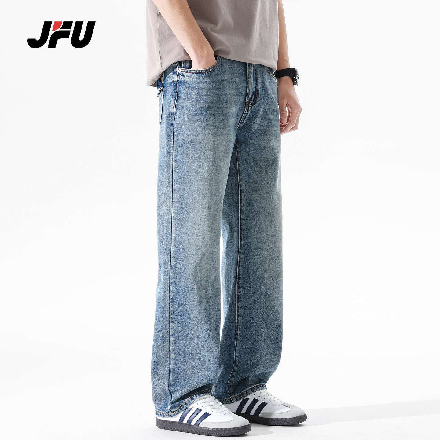 JFU潮牌 春夏季美式复古水洗牛仔裤男宽松直筒阔腿裤休闲长裤子