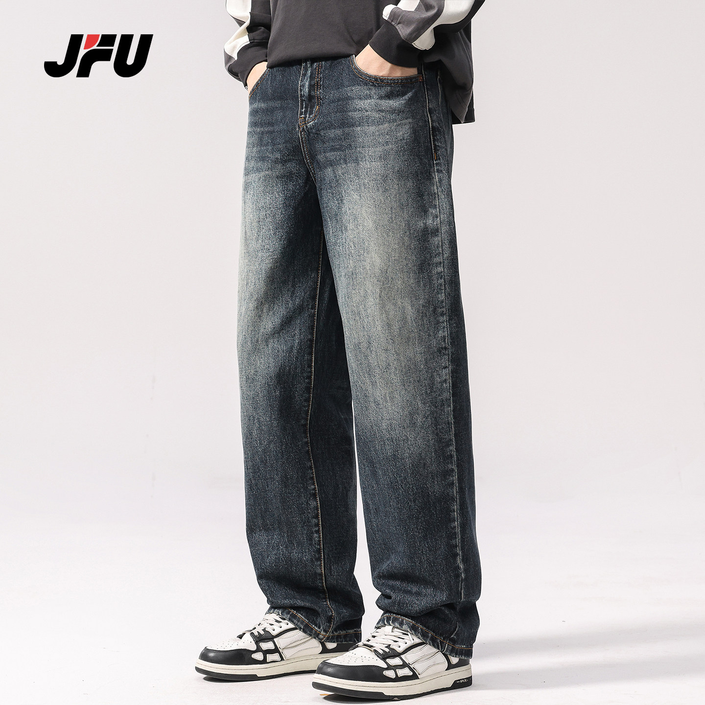 JFU潮牌 秋冬季美式复古水洗牛仔裤男高级感宽松直筒阔腿长裤子
