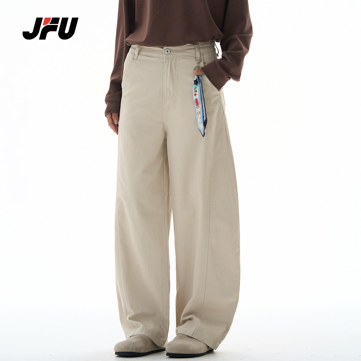 JFU潮牌 春季新款美式复古宽松阔腿休闲裤男百搭弯刀裤直筒长裤子