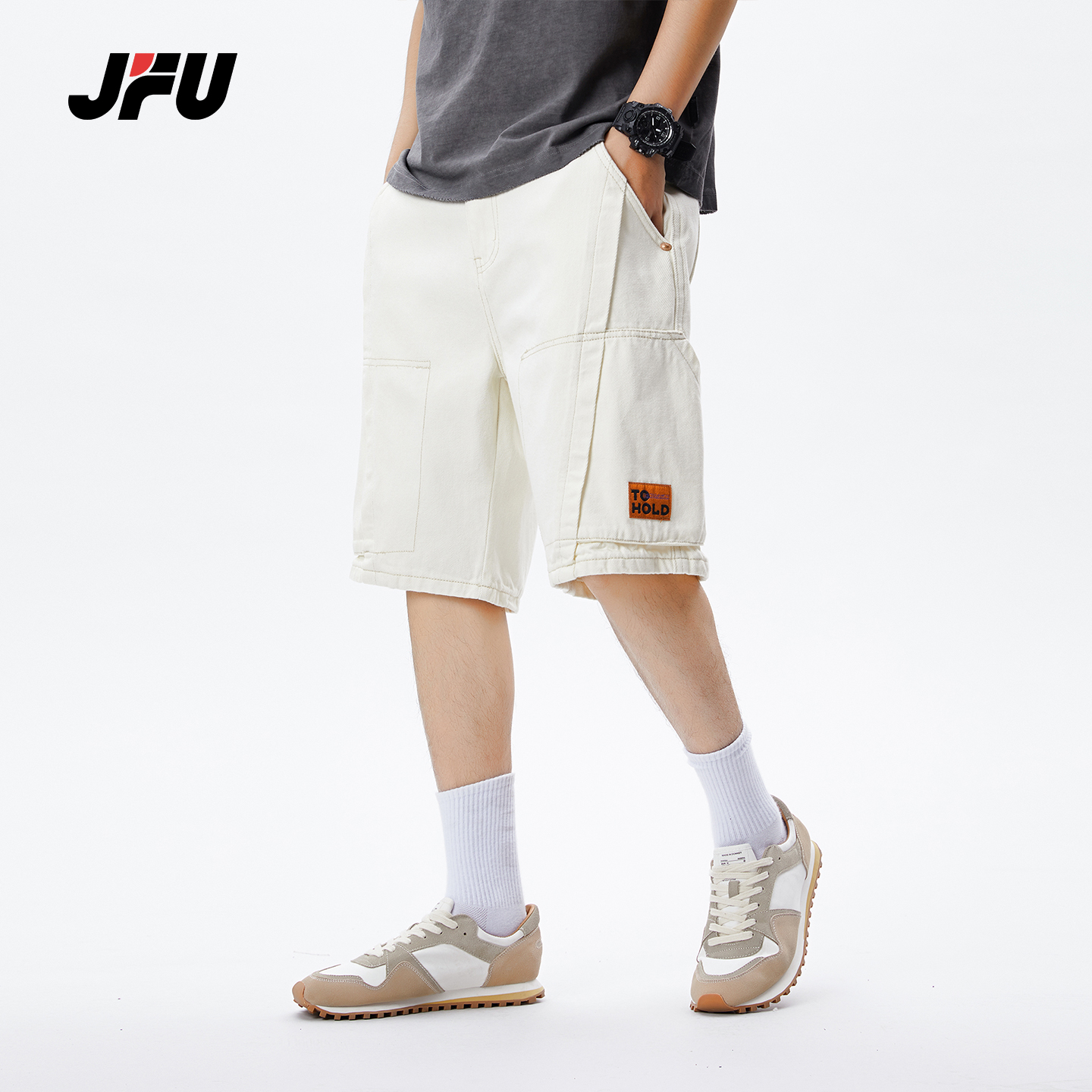 JFU夏季白色纯棉宽松休闲牛仔短裤男款潮流百搭薄款直筒五分中裤