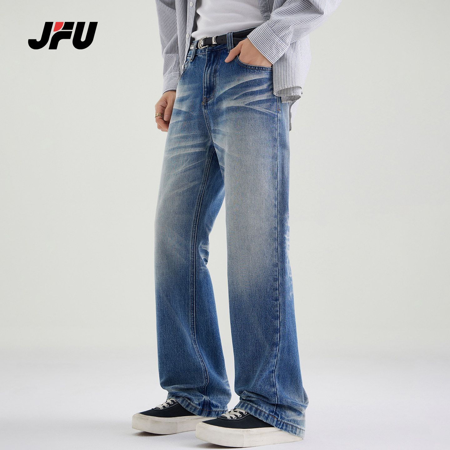 JFU潮牌 春秋新款美式复古微喇牛仔裤男款宽松阔腿垂感休闲长裤