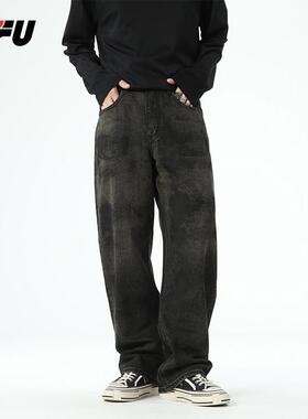 JFU秋季美式潮牌高街黑色直筒牛仔裤男宽松阔腿脏洗做旧休闲长裤